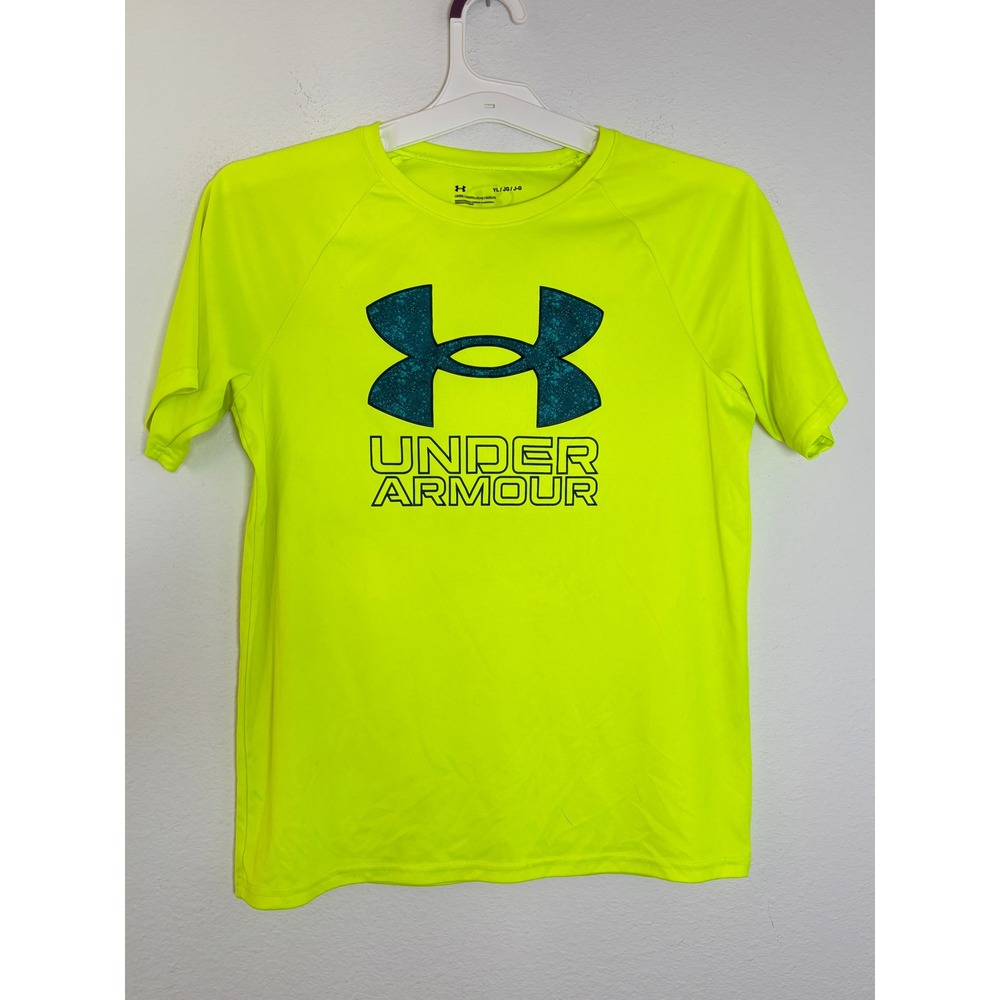 Under Armour Boys Youth Large YL Neon Yellow Short Sleeve Graphic Logo T-Shirt